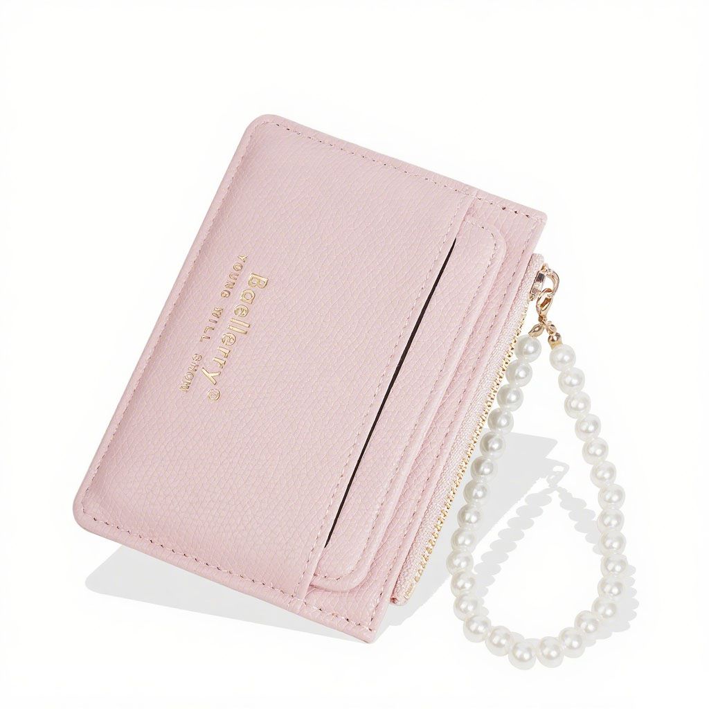 Women's Pearl Zipper Card Holder, Slim PU Leather Wallet for Cards & Cash