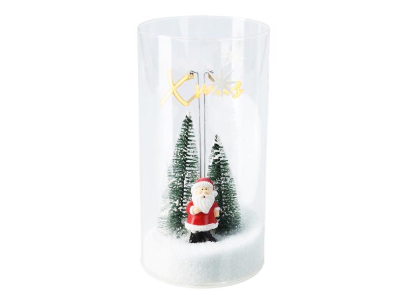 Glass Xmas Cylinder w/ Santa Tree Scene, Neon, Timer, 9x9x18cm