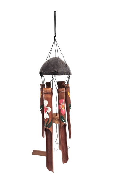 Wind Chime Bamboo Coconut Handpainted Flowers - 30cm
