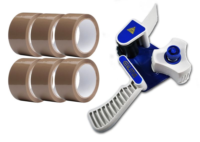 Everlotus Packaging Tape Dispenser and Brown Tape 45mm x 50M (Pack of 6)