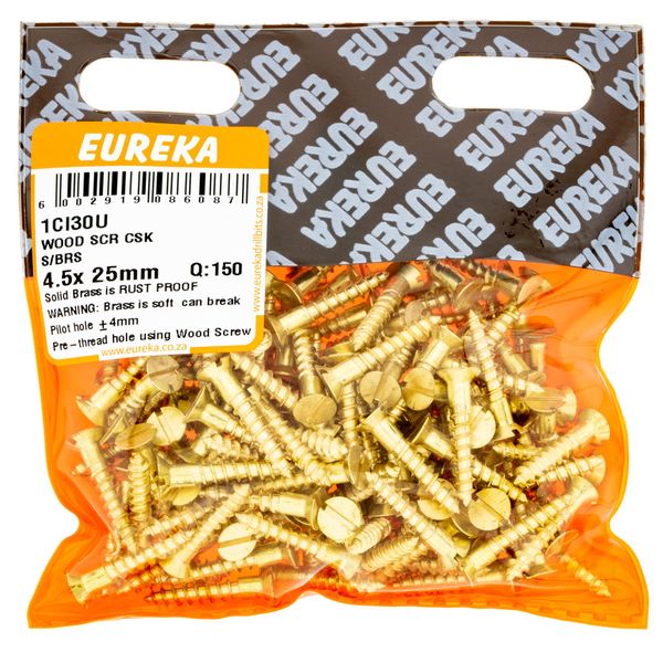 EUREKA Wood Screw Countersunk Solid Brass 4.5 x 25mm Q:150 1CI30U