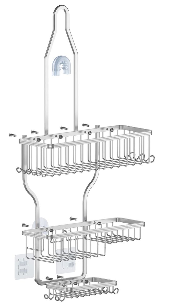 Aluminum Shower Caddy Hanging Over Shower Head - 3-Tier Rack with 10 Hooks