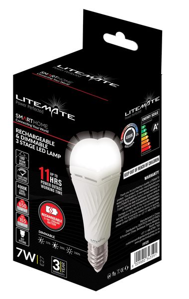 Litemate Rechargeable &amp; Dimmable 7W LED A60 Screw-in Light Bulb