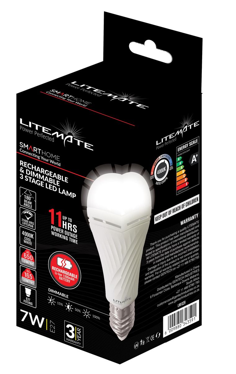 Litemate Loadshedding Rechargeable & Dimmable 7W LED A60 Screw-in ...