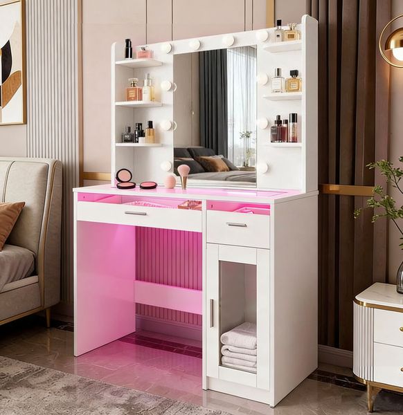 Dressing Table Makeup Vanity Desk with LED Lights Mirror Charging Station