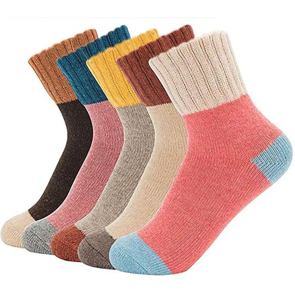 5 Pairs Winter Warm Knit Wool Socks - Vintage Casual Cozy Crew Boot Socks