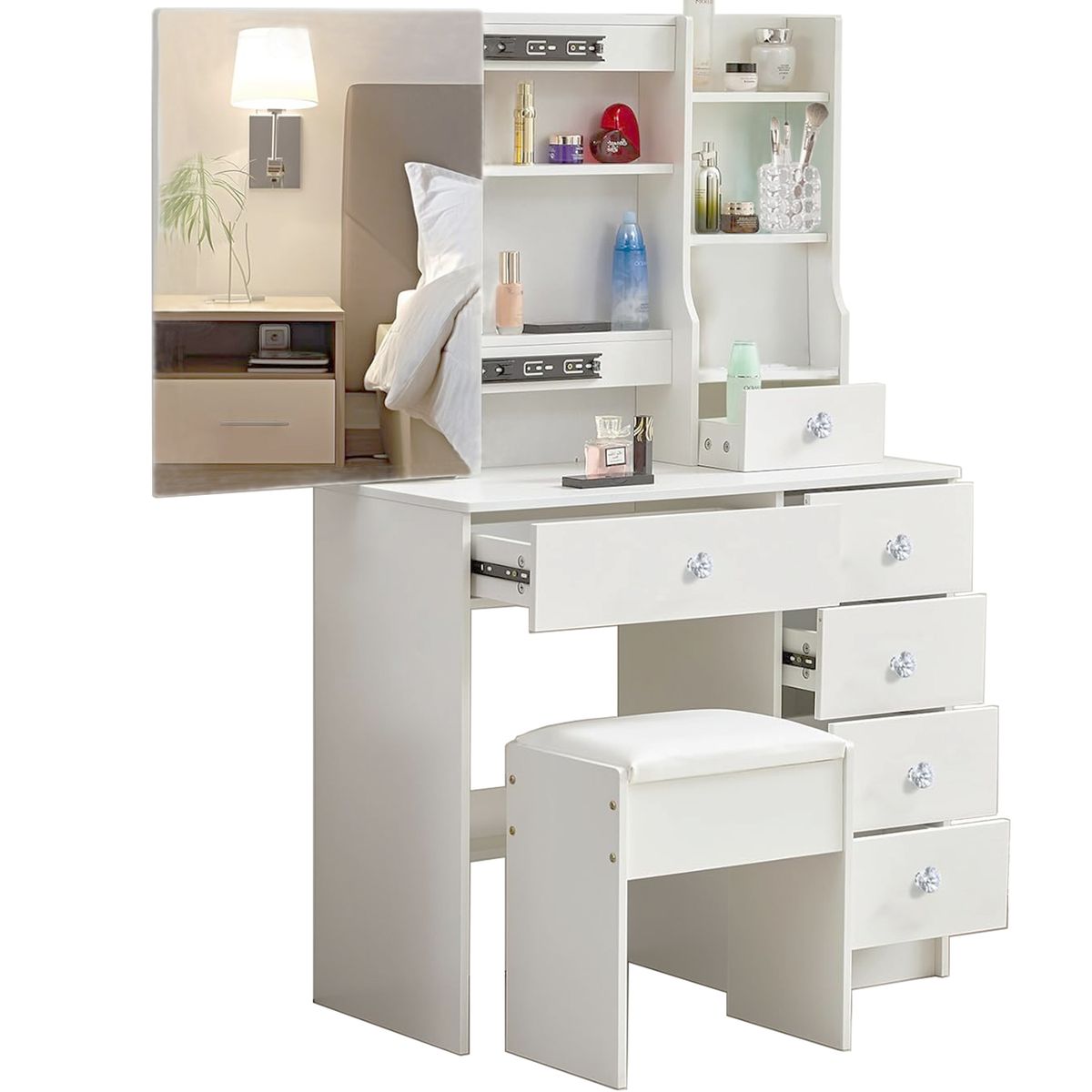 Dressing Table with Mirror Stool Set Vanity Desk Makeup Hidden Storage