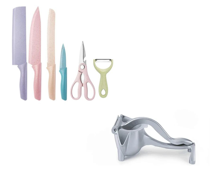 Kitchen Knife Set Gift Rainbow and Handheld Fruit Press-Extractor Combo - 2-Pack