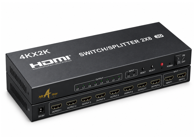 2x8 HDMI 4K Switcher Splitter|2 Input 8 Output HDMI Splitter + 3D &amp; Remote