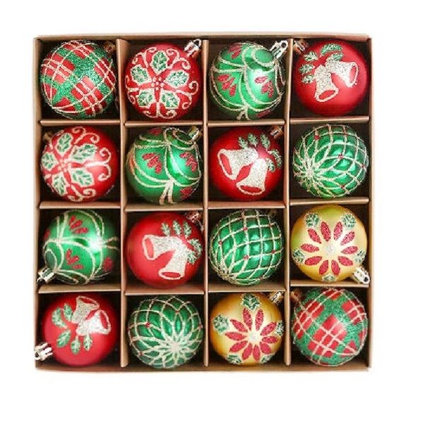 16Pcs 6cm Festive Red - Green Painted Plastic Christmas Balls