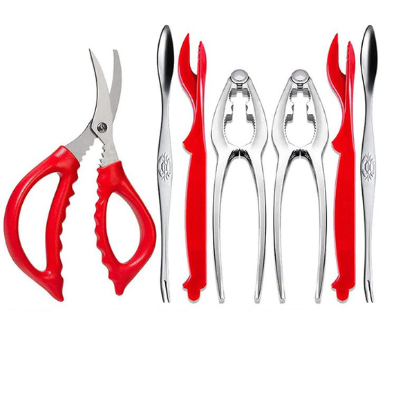 A Seven- Piece Seafood Utensil Set, Zinc/Stainless Steel, Red/Silver