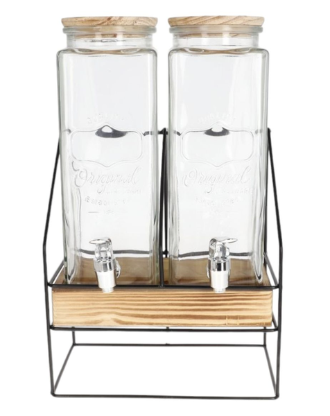Set of 2 Juice Dispensers 2.34L with Stand &amp; Wooden Tray | ClearLiving Duo