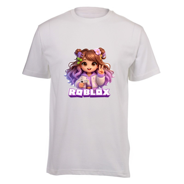Kids White Cotton Regular Short Sleeve T-Shirt - Girl Roblox Peace