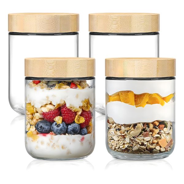 16oz Glass Jars with Airtight Lids with Wooden Lids - 4 Pack