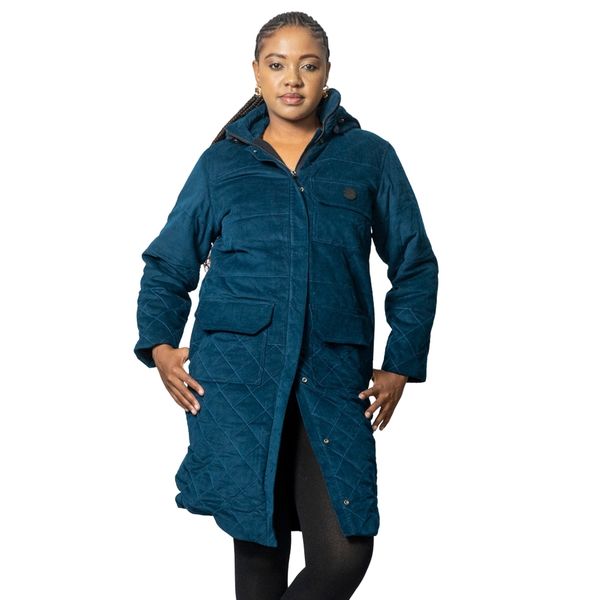 Ladies Corduroy Fitted Puffer Jacket - Ocean Blue