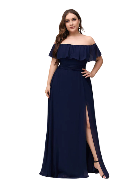 Off Shoulder Ruffle Thigh Split Formal Dress