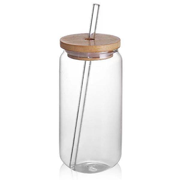 Beer Can Shaped Glass Bottle with Bamboo Lid and Glass Straw - 550ml