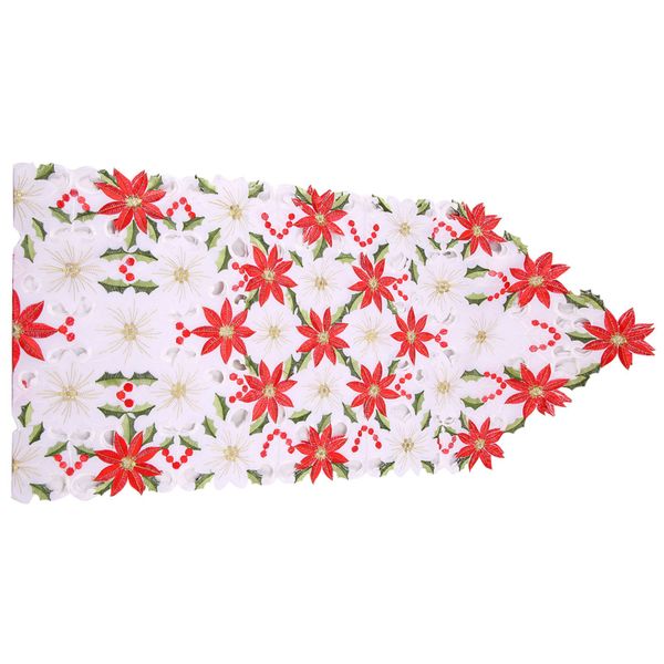 Christmas Embroidered Table Runner, Luxury Holly Poinsettia Table Runner fo