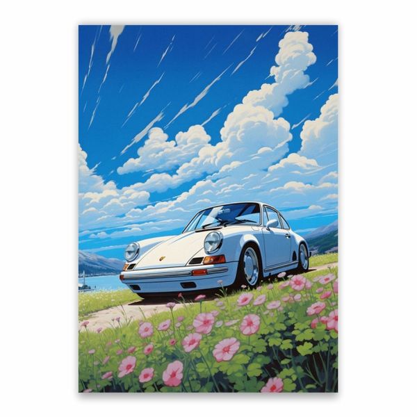 White Porsche Flowers Poster - A1