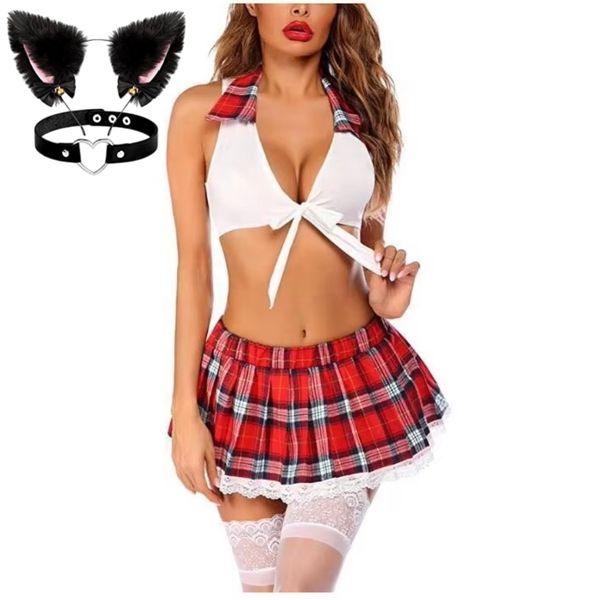 Women's Christmas Plaid Two-Piece Skirt Set - Backless Crop Top and Pleated