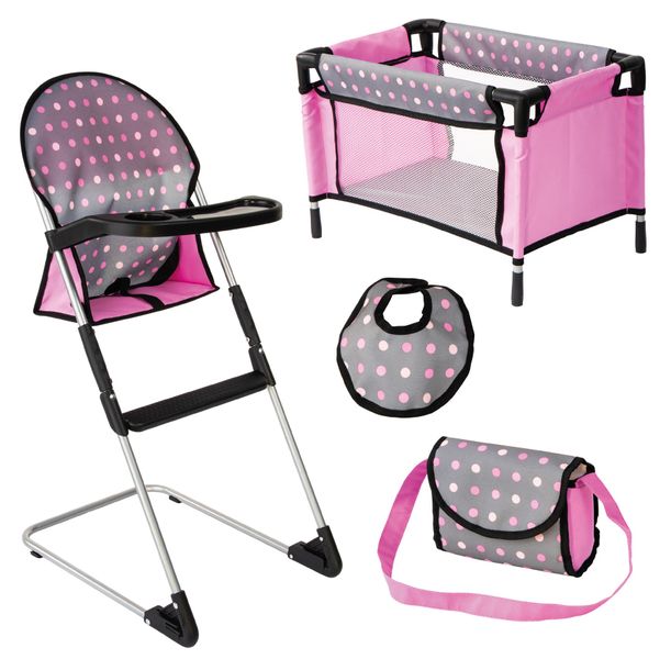 Bayer Dolls Toy High Chair With Travel Bed Set (Grey/Dots)