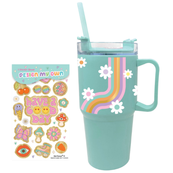 Hot Focus "On The Go" Groovy Mug with Straw and DIY Stickers - 600ml BPA Free