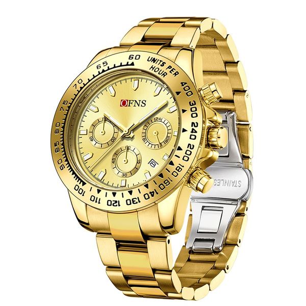 OFNS Large Dial Calendar Watch Stainless Steel Strap Six Hand Men's Watch