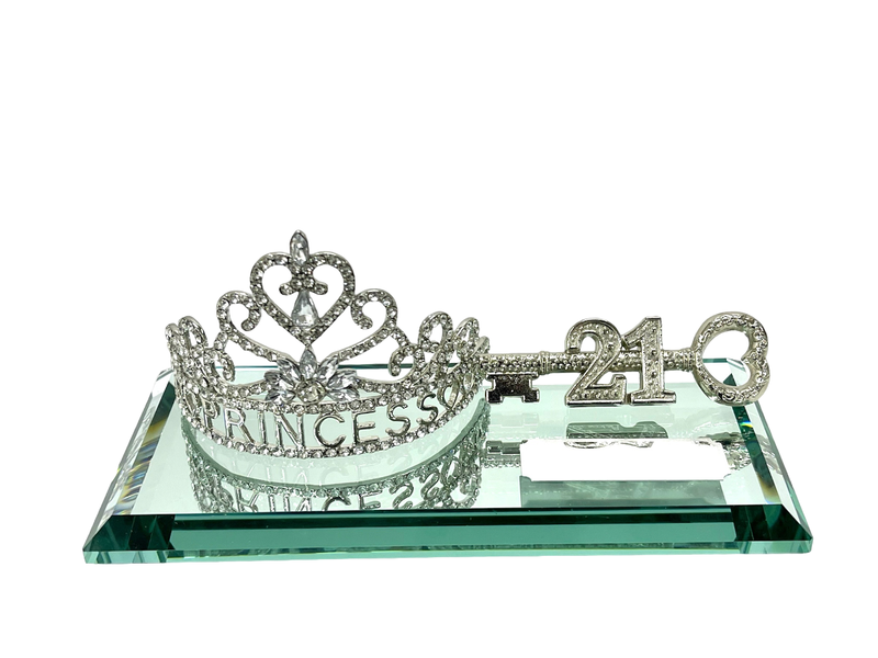 21st Key Princess Crown Silver on Glass Mirrored Base