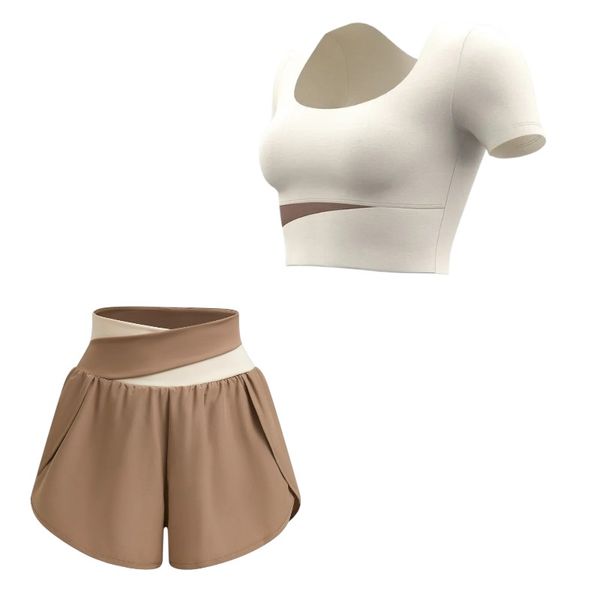 Women's Matching Fitness Suit - Ivory and Brown - 2-Piece