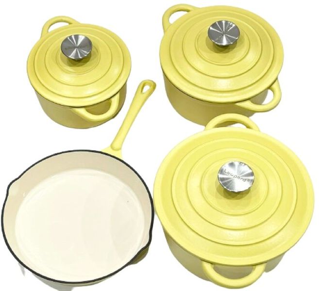 Yellow Authentic Cast Iron Dutch Oven Cookware Pot Set 7 Pieces