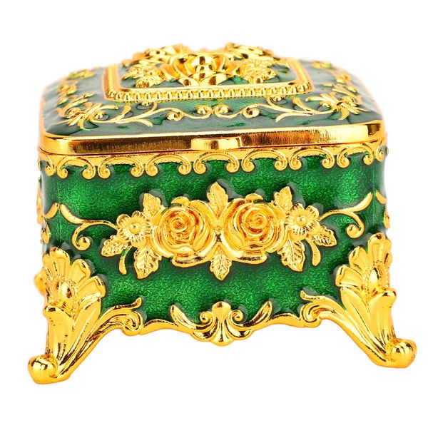 Vintage Metal Rose Jewelry Box for Rings Earrings Necklaces (Gold Green)
