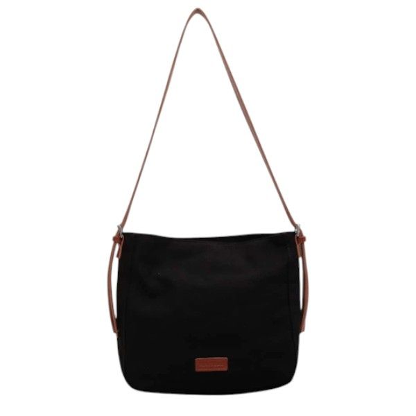 Minimalist Canvas Shoulder Bag with Faux Leather Strap - Black