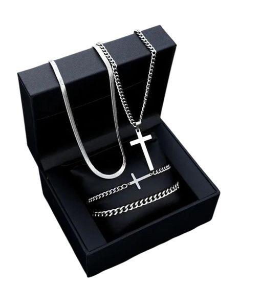 Men's Stainless Steel Cross Necklace and Bracelet Set - 4 Piece