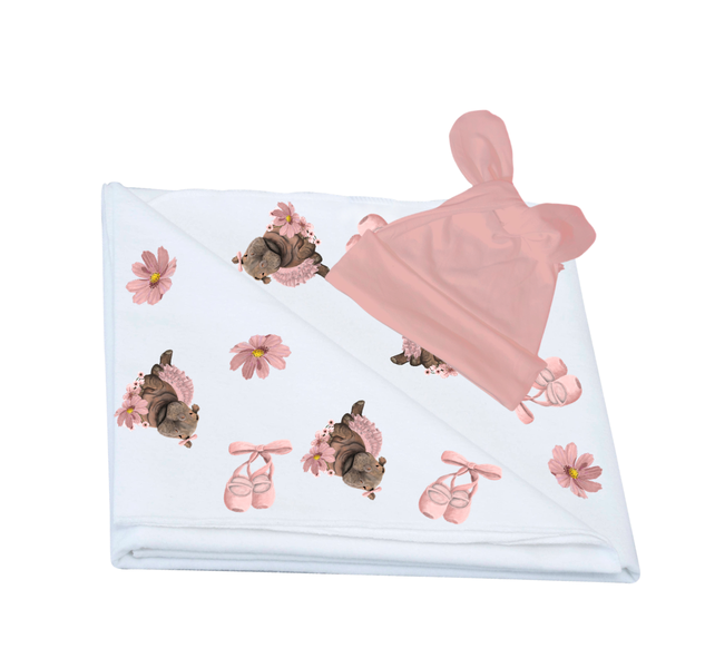 Baby swaddle &amp; newborn knotted beanie-Baby girl pink Ballet Hippo
