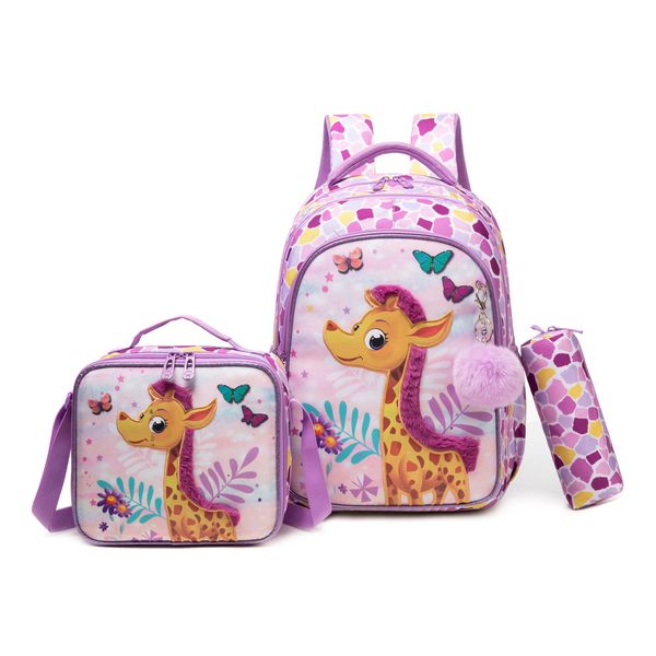 3 Piece Giraffe School Backpack with Pencil Case &amp; Lunch Bag