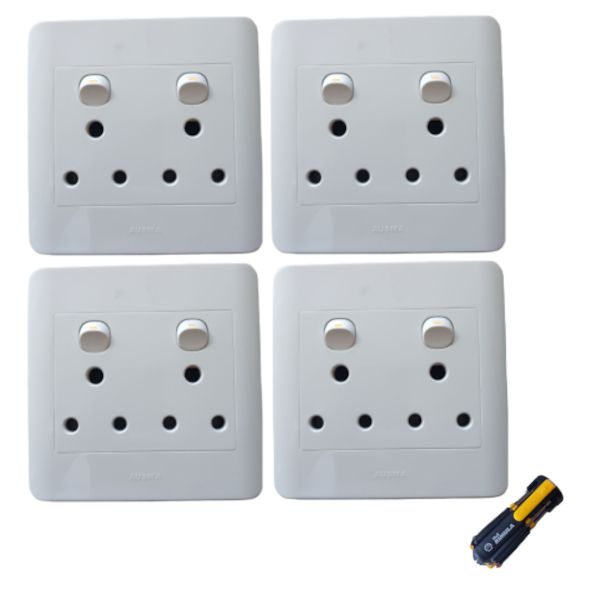 4x Double Wall Socket 4x4 Wit Free Screwdriver Set