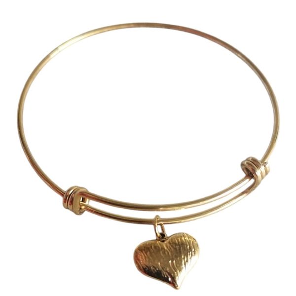 Stainless Steel Gift: Gold Expandable Wire Bangle With Dangling Heart