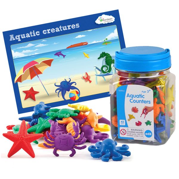 EDX Education Multi-Coloured Aquatic Counters, Activity Cards &amp; Tweezers Set