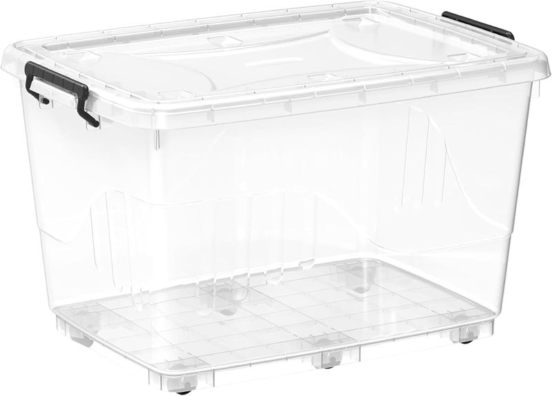 Sulfar 82L Clear Plastic Storage Box With Wheels &amp; Lockable Lid,Transparent