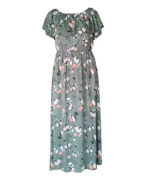 Olive Print Frill Short Sleeve Dress
