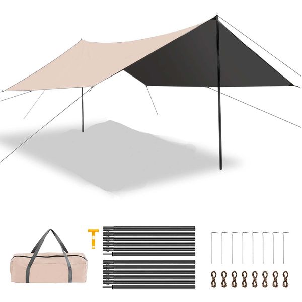 3.3×5m Heavy-Duty Camping Tarp - Waterproof Outdoor Canopy with 2.4m Poles