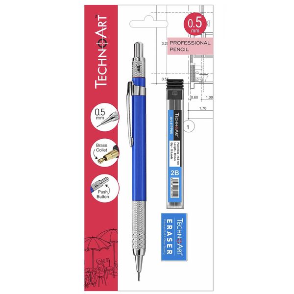 TechnoArt Mechanical Pencil - 0.5mm Professional, with leads and eraser 2B