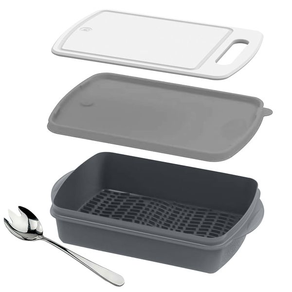 Store &amp; Marinade Tray Set Includes Built-in Cutting Board Set Grey