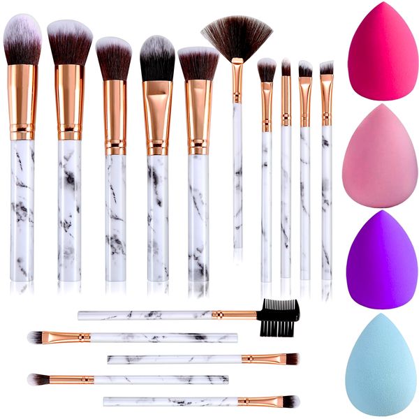 Makeup Brushes 15Pcs Marble Makeup Brush Set with 4 Makeup Sponge