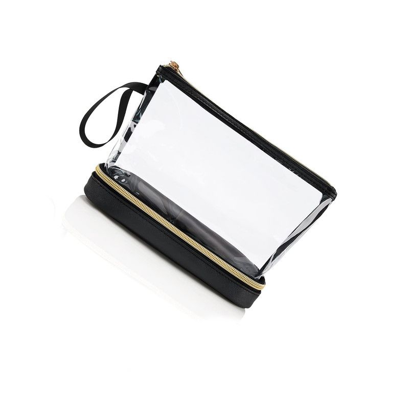 Black Double-Layer Makeup Bag - Transparent, Waterproof, Cosmetic Organizer
