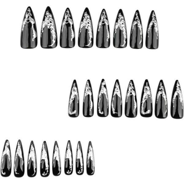 French Style Black Dark Nail Art With SilverFoil False Nails