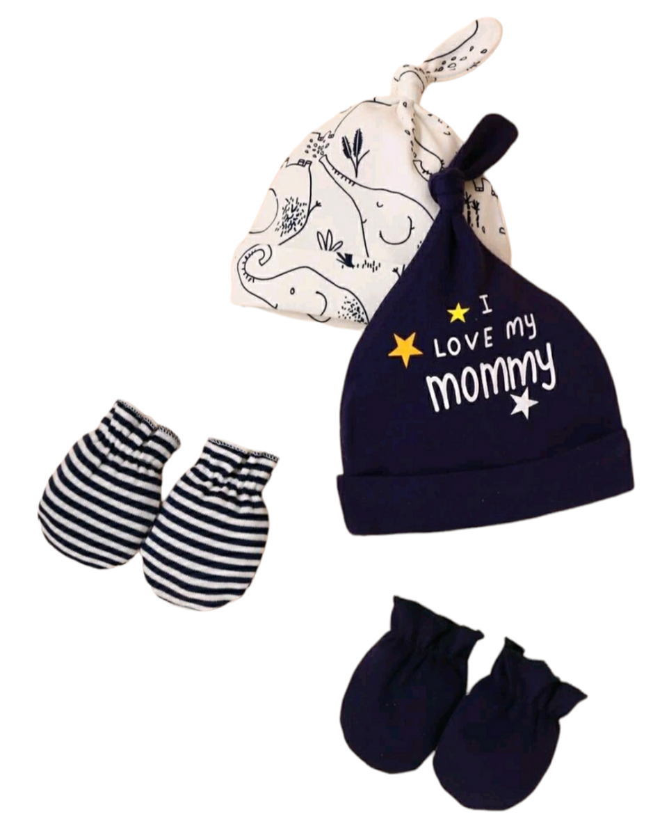 Baby Knotted Beanie/Hat and Gloves Set 2 pairs Elephant Print
