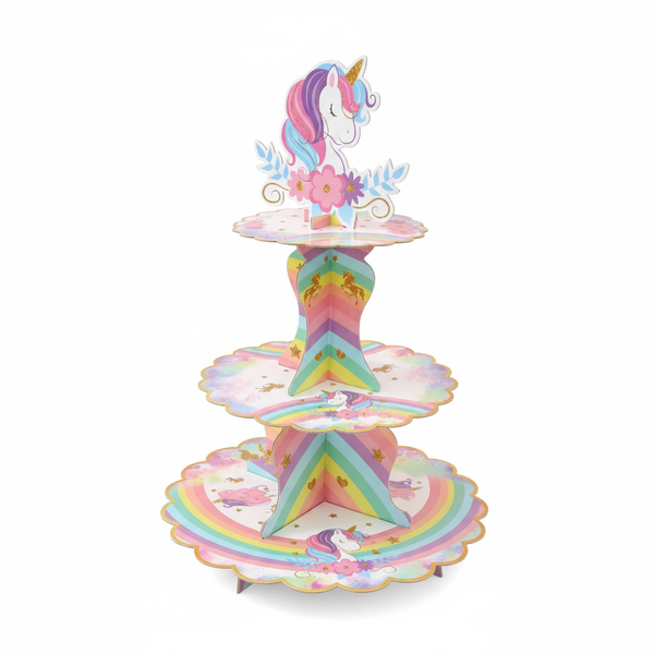 3-Tier Rainbow Unicorn Birthday Cupcake Stand - Multicolor