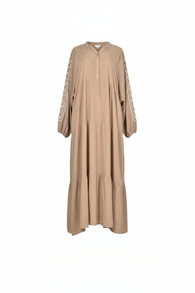 Embroidered Sleeve Button Down Modest Stone Viscose Cotton Dress