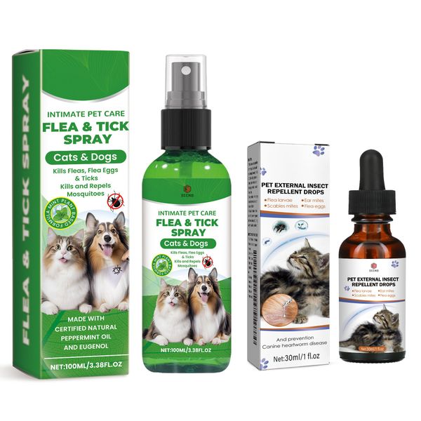 Flea &amp; Tick Spray+drops Set Pet Insect Repellent Drops for Dogs Cats